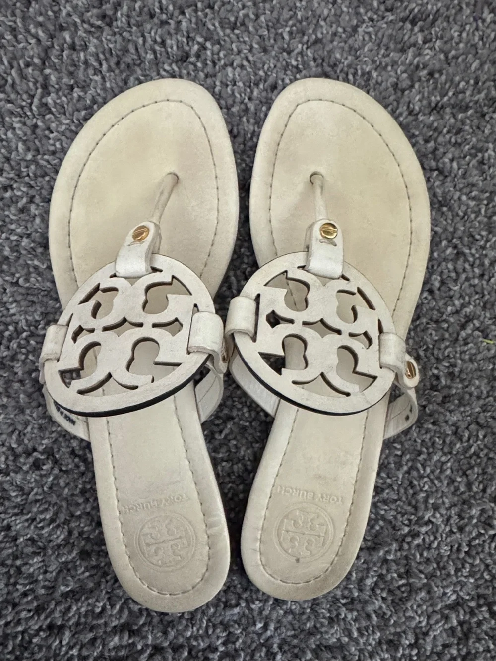 Tory Burch Cream Leather Cutout Logo Thong Sandals
